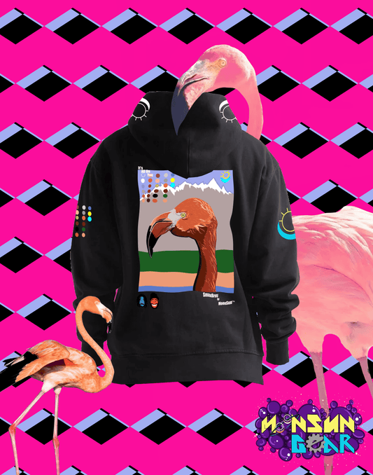 Back view of Flamingo Mountain Heavyweight Hoodie streetwear by MoonSun Gear™